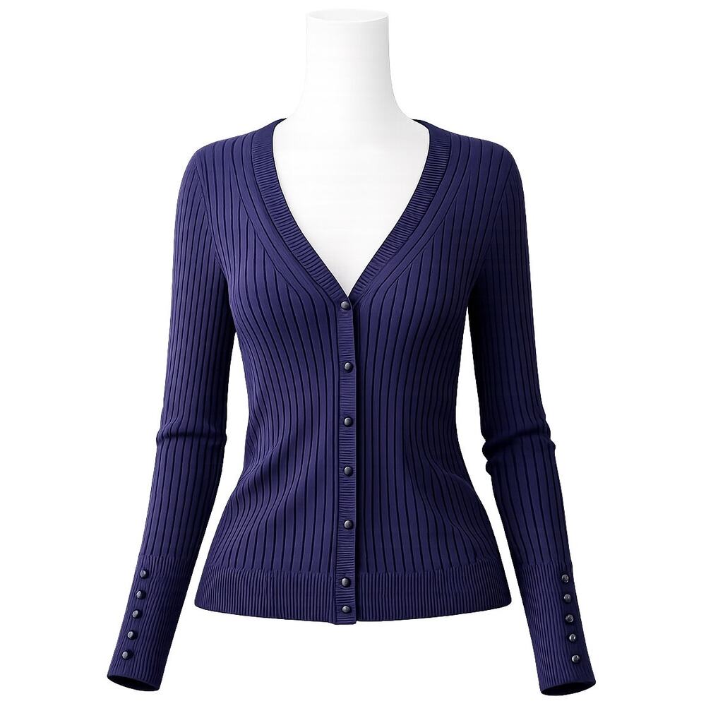 ECRU Navy Ribbed Cardigan Button Sleeve Sweater - Size S